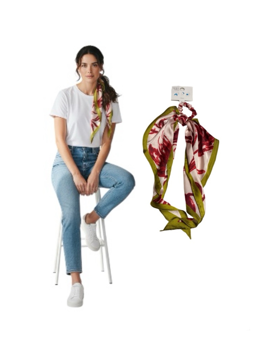 Time and Tru Floral Satin Hair Scarf & Scrunchie in Olive Green & Wine